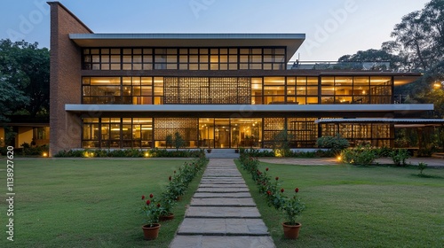 Modern house exterior with garden at dusk.