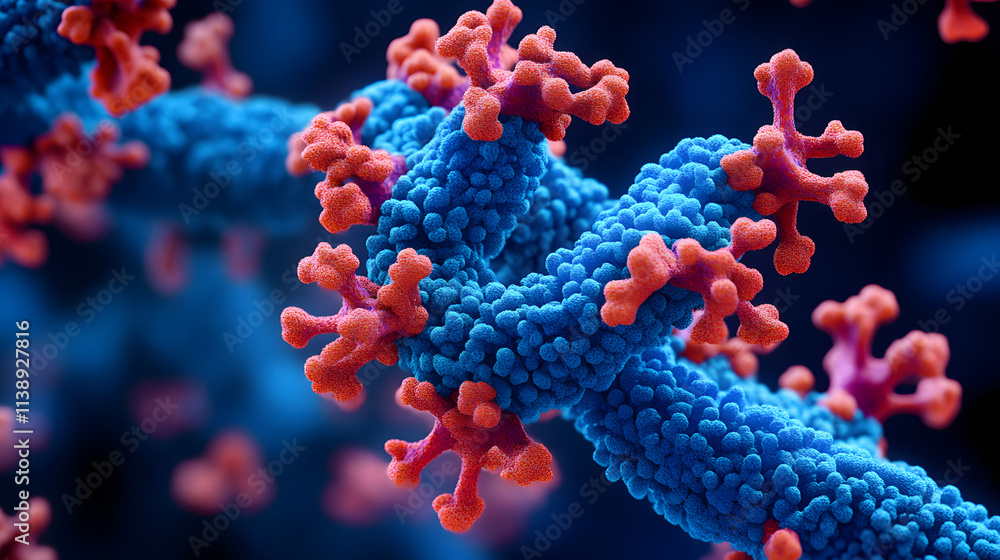 Magnified Image of Blue Virus Particle with Red Spike Proteins Magnified Image of Blue Virus Particle with Red Spike Proteins