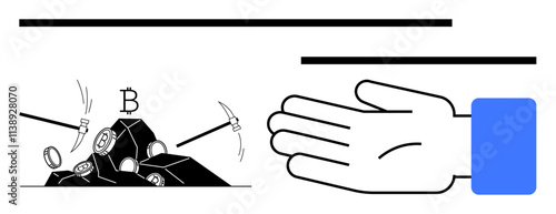 Pickaxes mining Bitcoin from resource pile, large hand stretched out to symbolize digital currency distribution. Ideal for finance, blockchain, cryptocurrency, digital transactions, monetary