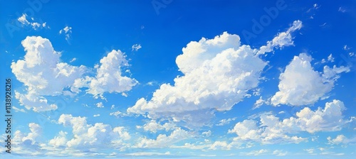 Dreamy Cloudscape Fluffy white clouds against a vibrant blue sky, bathed in soft sunlight.