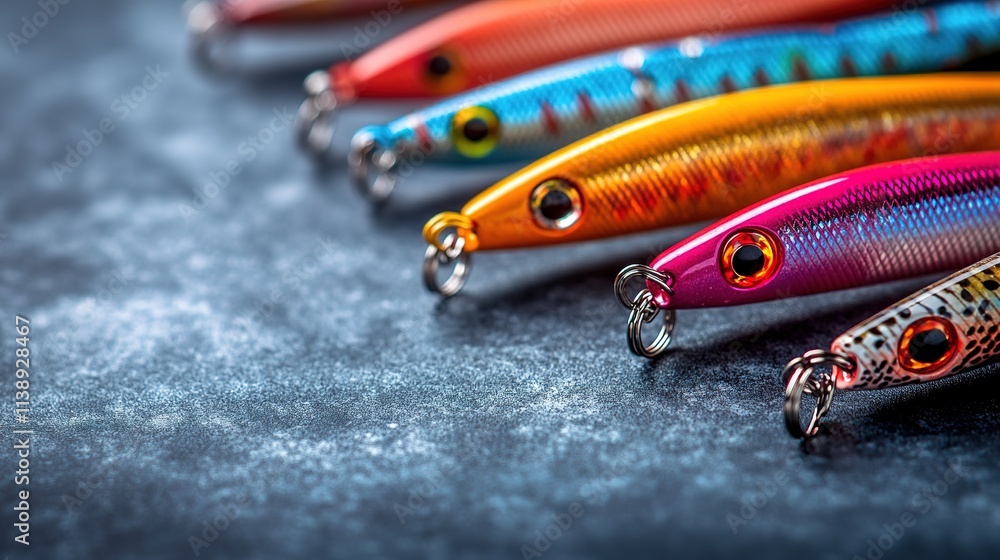 Brightly colored fishing lures on textured surface Brightly colored fishing lures on textured surface