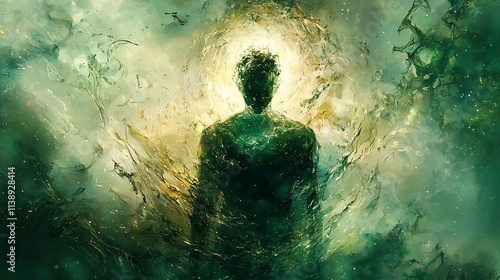 Mystical figure engulfed in swirling, luminous green energy.
