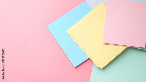 Multicolored paper sheets on pink backdrop