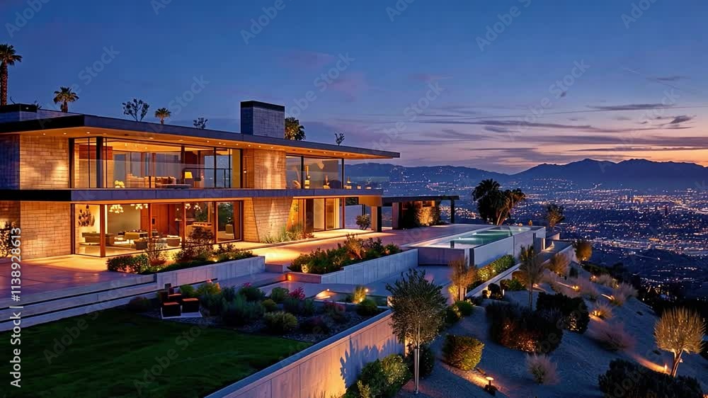 This modern home with large glass windows offers stunning sunset views of the city and mountains. This modern home with large glass windows offers stunning sunset views of the city and mountains.