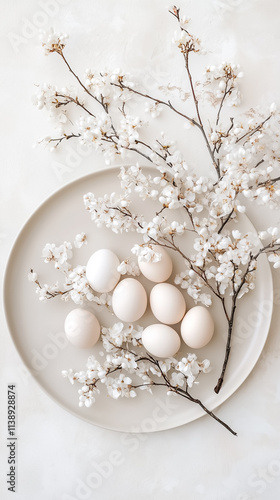 Delicate white flowers and smooth eggs artfully arranged on a minimalist plate capture spring's renewal