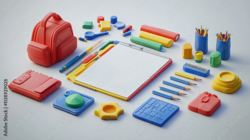 School supplies, clay like, backpack, pencils, notepad. School supplies, clay like, backpack, pencils, notepad.