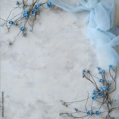 white concrete background with light blue tule ribbon and small blueflowers on one side photo