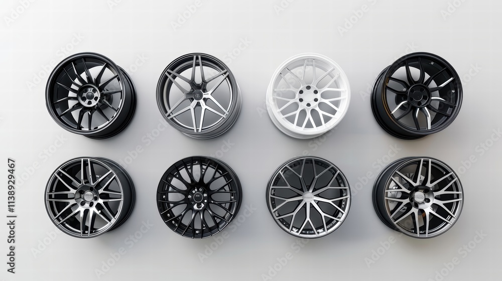 Set of alloy wheels with intricate spoke designs, arranged on a white background to highlight their stylish and durable features . Set of alloy wheels with intricate spoke designs, arranged on a white background to highlight their stylish and durable features .