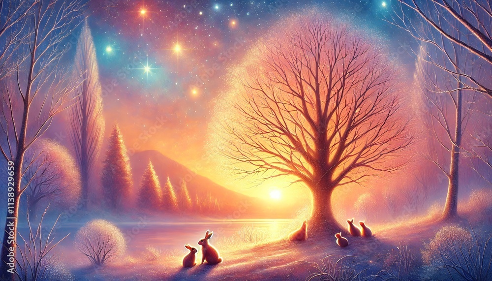 A Rabbit Family Under a Majestic Tree Watching the Starry Winter Sunset A Rabbit Family Under a Majestic Tree Watching the Starry Winter Sunset