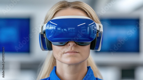 Futuristic experience: woman engaging with cutting-edge virtual reality technology photo