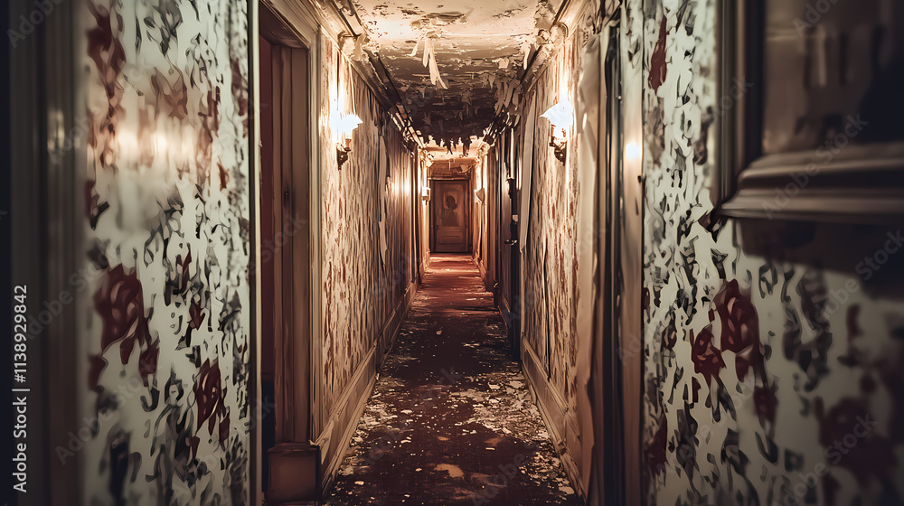 Scary gloomy hotel hallway with flickering lights and peeling wallpaper, spooky, eerie, creepy, dark, corridor. Flicker. Illustration Scary gloomy hotel hallway with flickering lights and peeling wallpaper, spooky, eerie, creepy, dark, corridor. Flicker. Illustration