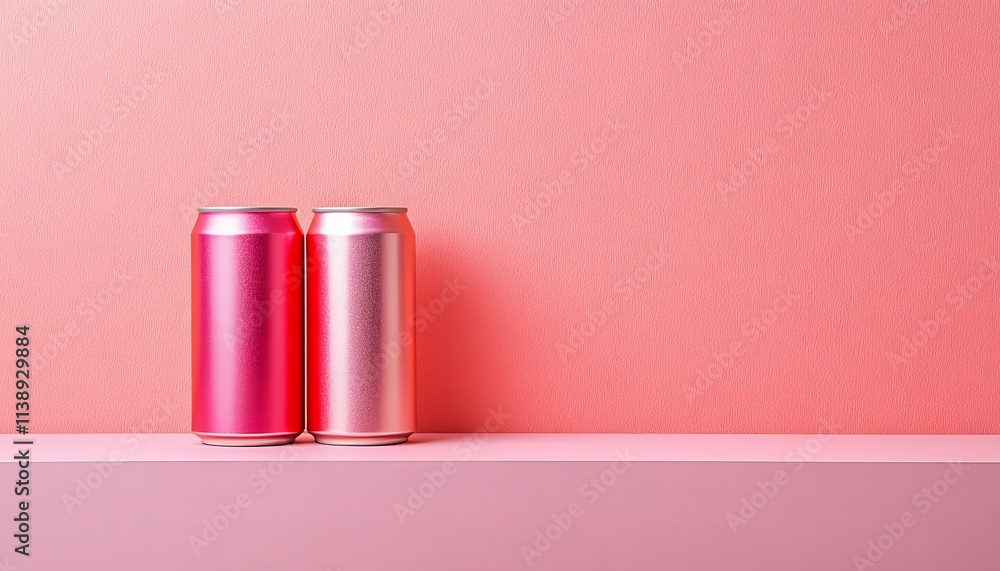 Two Blank Metallic Pink Aluminum Cans on Pink Table, Modern Minimalist Product Mockup Two Blank Metallic Pink Aluminum Cans on Pink Table, Modern Minimalist Product Mockup