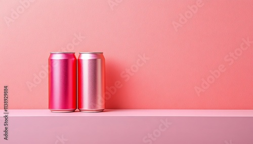 Two Blank Metallic Pink Aluminum Cans on Pink Table, Modern Minimalist Product Mockup