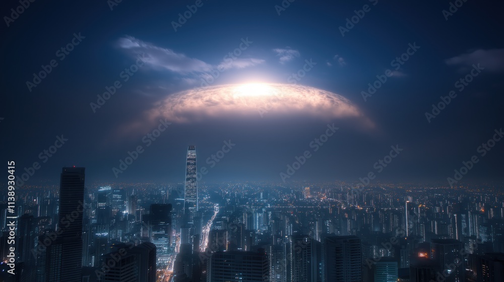 Fototapeta premium Mysterious glowing cloud over city skyline at night
