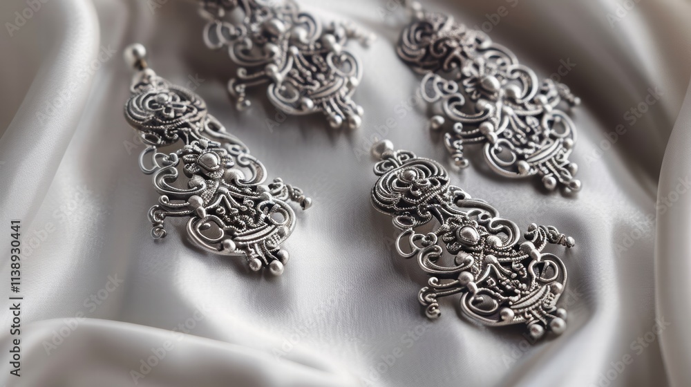 Silver drop earrings with intricate filigree details, arranged on a white background to showcase their vintage charm . Silver drop earrings with intricate filigree details, arranged on a white background to showcase their vintage charm .