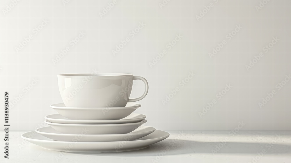 Simple white dinnerware set including a plate, bowl, and cup, arranged in a clean and organized style on a white background . Simple white dinnerware set including a plate, bowl, and cup, arranged in a clean and organized style on a white background .
