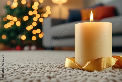 Cozy candlelit christmas scene with festive bokeh lights photo