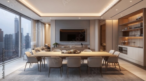 Wallpaper Mural Modern dining room with city view, large table, and built-in shelving. Torontodigital.ca