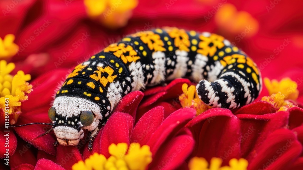 Obraz premium Caterpillar crawling on red flower petals.
