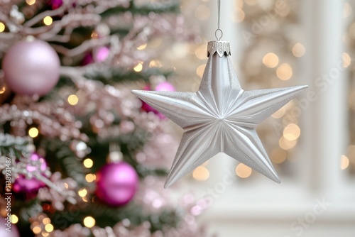 Elegant silver star ornament on christmas tree with pink baubles