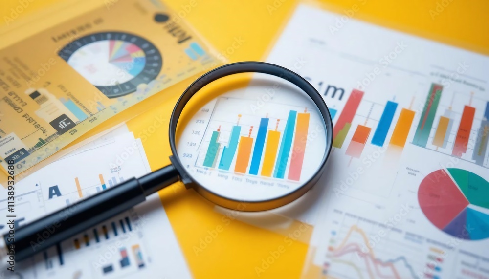 Magnifying Glass on Financial Charts Graphs Data Analysis Magnifying Glass on Financial Charts Graphs Data Analysis