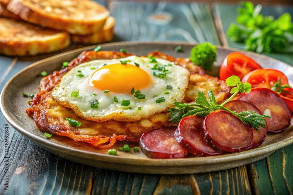 Golden-fried egg, crispy potato pancake, and savory salami, a breakfast plate perfection. Golden-fried egg, crispy potato pancake, and savory salami, a breakfast plate perfection.