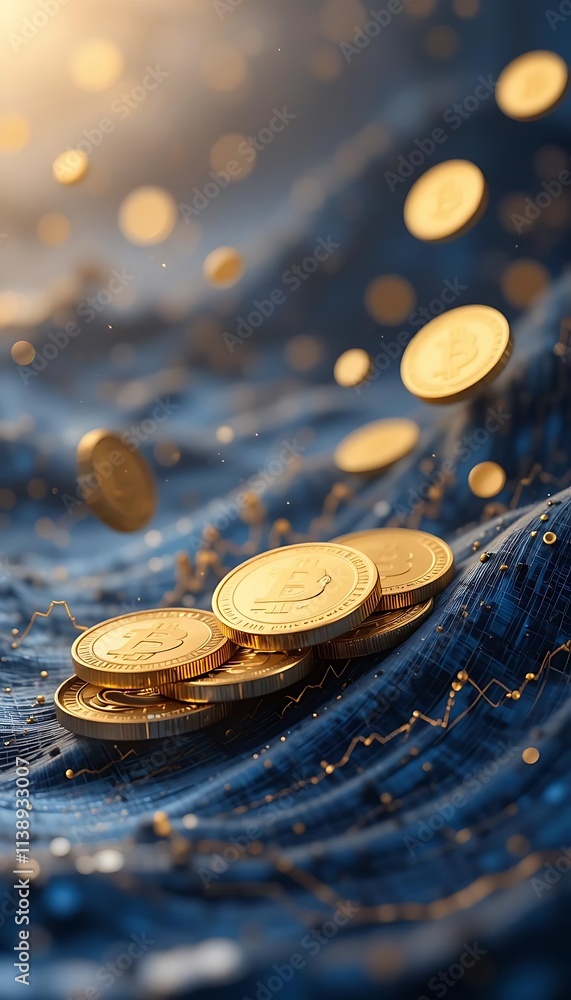 Gold coins floating on an abstract wave of financial graphs Gold coins floating on an abstract wave of financial graphs