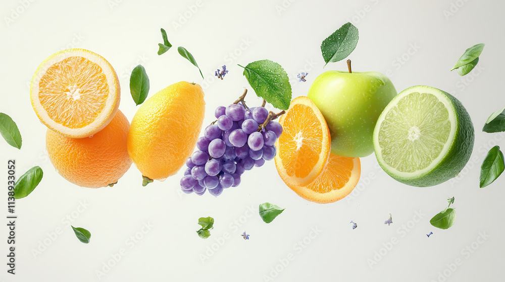 A group of fresh fruits like apples, oranges, and grapes in unexpected colors, such as lavender, mint green, and sky blue. The fruits are arranged artistically, floating in the air, and clearly set ap A group of fresh fruits like apples, oranges, and grapes in unexpected colors, such as lavender, mint green, and sky blue. The fruits are arranged artistically, floating in the air, and clearly set ap