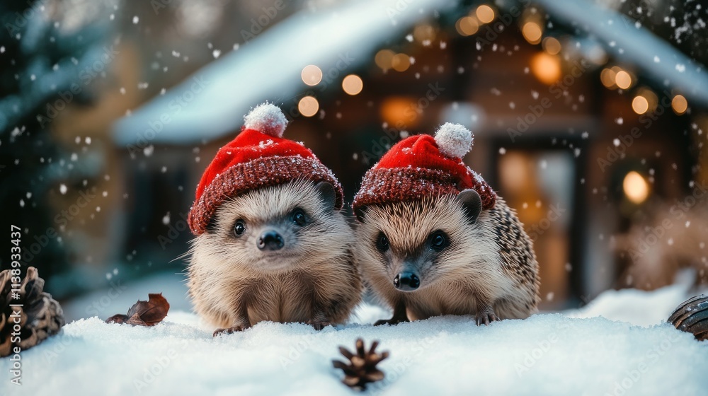 Two hedgehogs in santa hats. Two hedgehogs in santa hats.