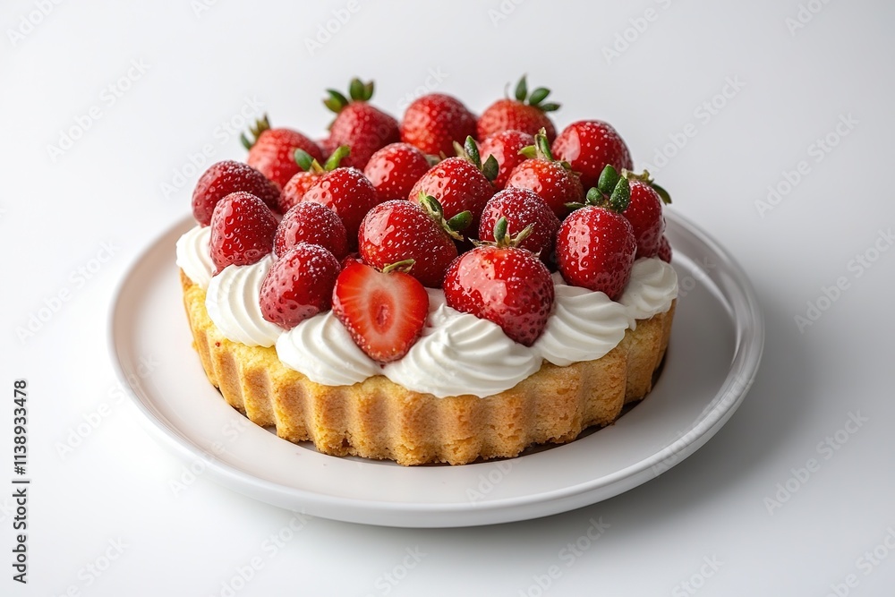 Fresh strawberry tart on white plate with cream filling Fresh strawberry tart on white plate with cream filling