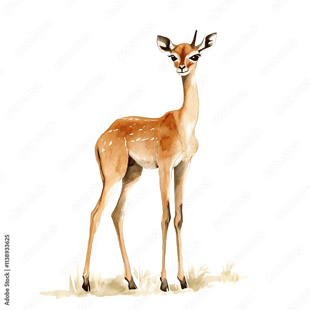 Fototapeta premium Watercolor painting of a young impala standing in the grass.