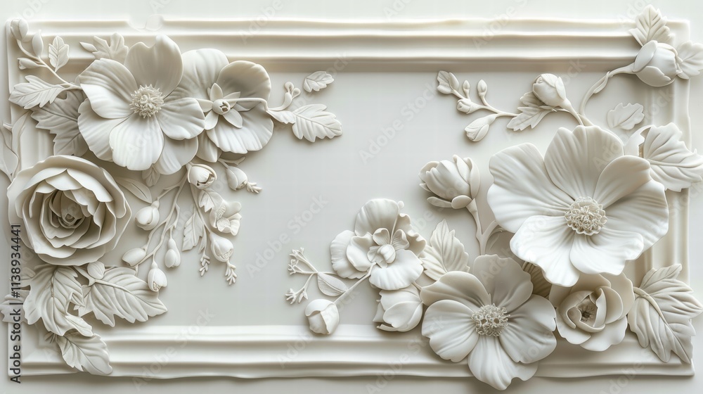 White ceramic picture frame with delicate floral patterns, arranged on a white background to emphasize elegance and subtlety . White ceramic picture frame with delicate floral patterns, arranged on a white background to emphasize elegance and subtlety .