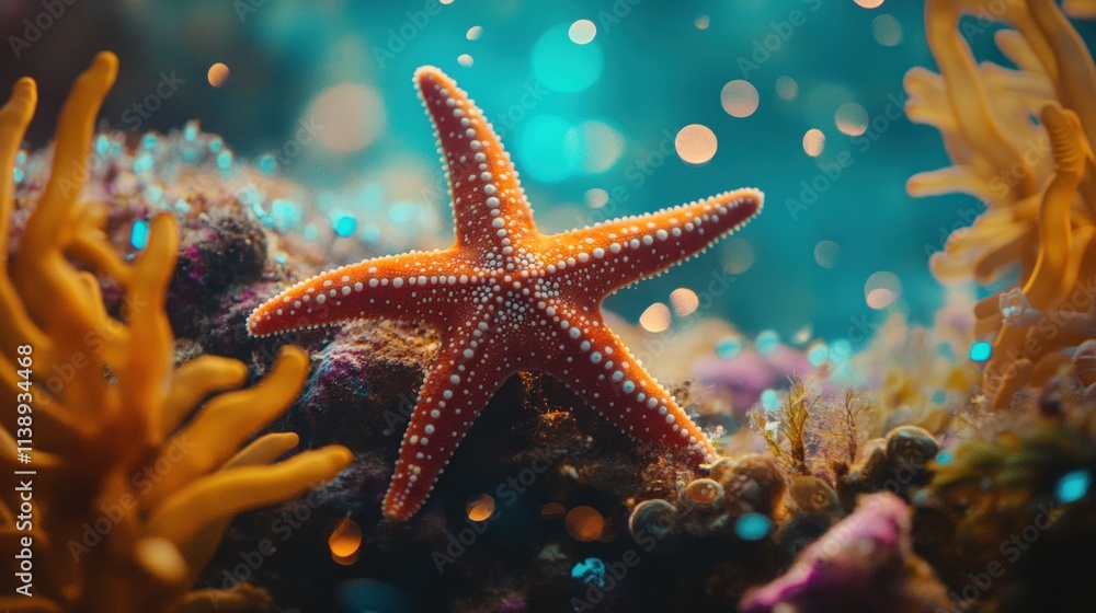 Bright starfish on coral reef, surrounded by blurry bokeh. Bright starfish on coral reef, surrounded by blurry bokeh.
