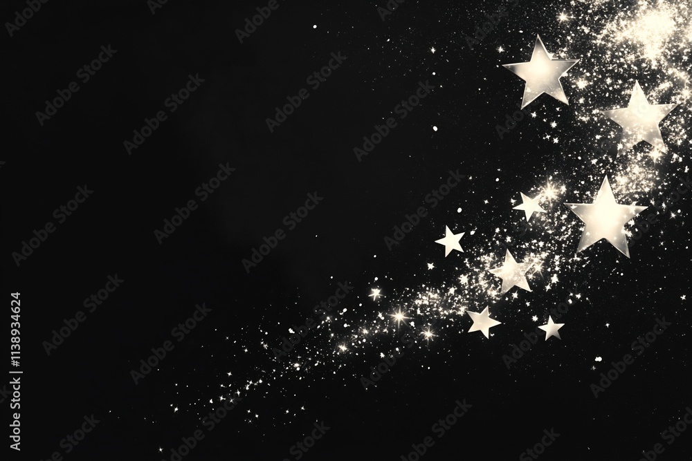 Sparkling silver stars on a black background. Sparkling silver stars on a black background.