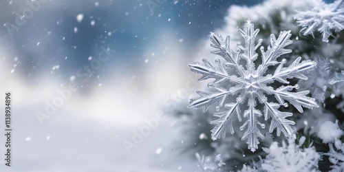 Wallpaper Mural Winter 2026 banner, close-up snowflake on a fir branch, background gradient from white to blue, space for text Torontodigital.ca