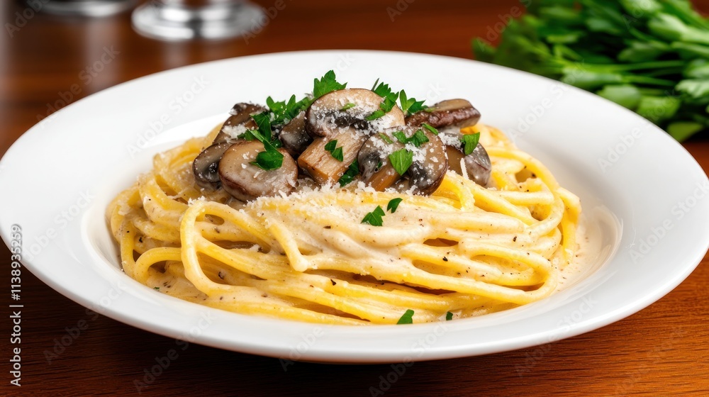 Creamy pasta dish topped with mushrooms and parsley. Creamy pasta dish topped with mushrooms and parsley.