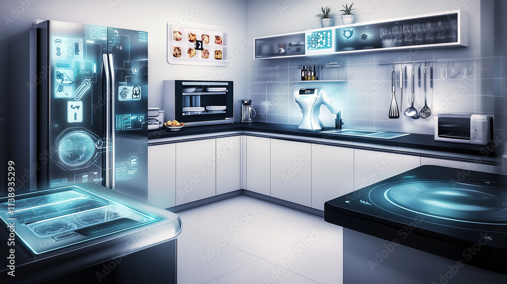 A modern kitchen showcasing advanced smart appliances with integrated touchscreens and futuristic designs. Sleek cabinets, intuitive interfaces, and automated features are prominent. A modern kitchen showcasing advanced smart appliances with integrated touchscreens and futuristic designs. Sleek cabinets, intuitive interfaces, and automated features are prominent.