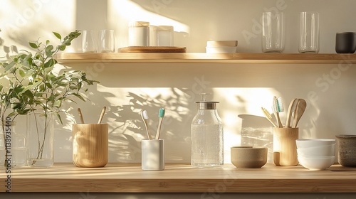 Sunlight illuminates wooden shelves with sustainable kitchenware.