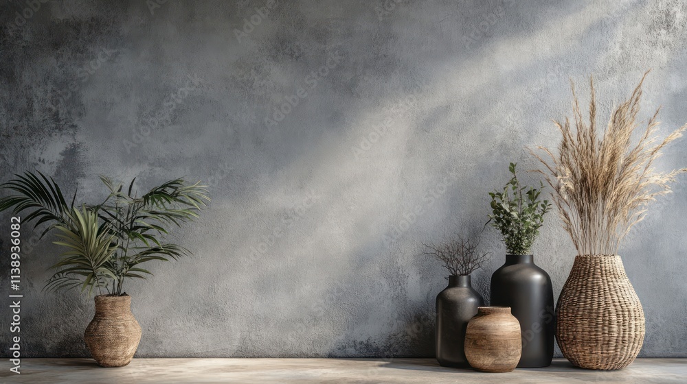 Textured wall with vases and plants. Textured wall with vases and plants.