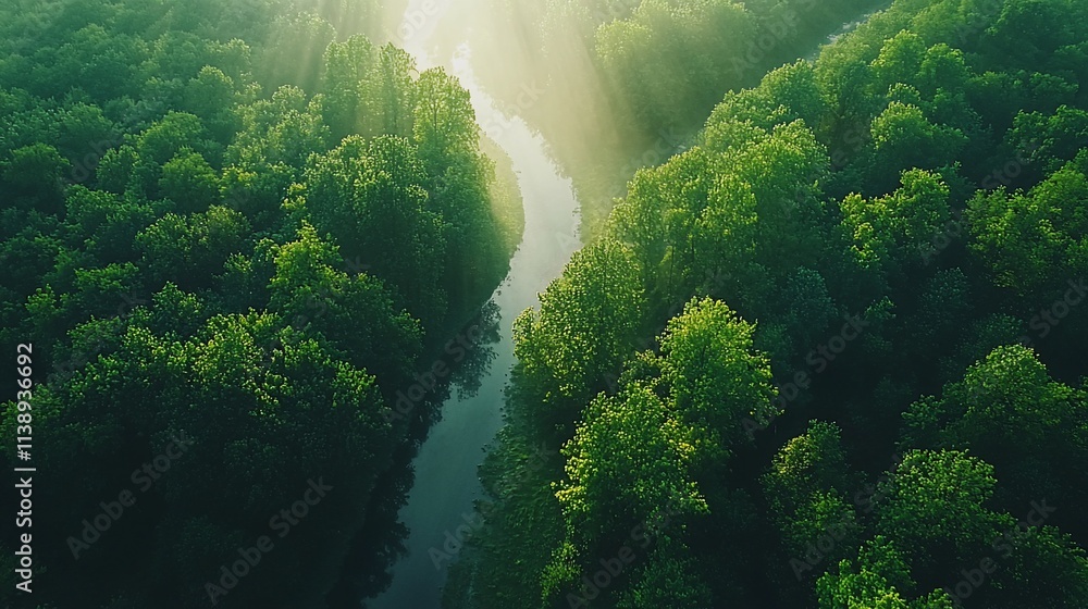 Aerial view of a river flowing through a lush green forest, sun rays shining through the mist. Aerial view of a river flowing through a lush green forest, sun rays shining through the mist.