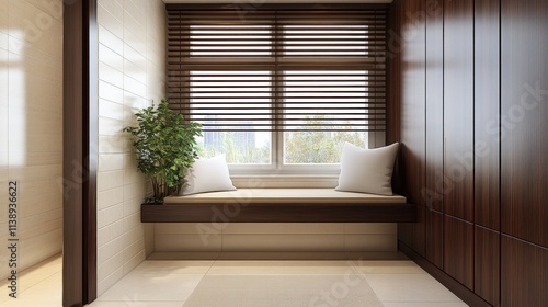 Modern window seat with built-in bench, pillows, plant, and wooden blinds in a hallway.