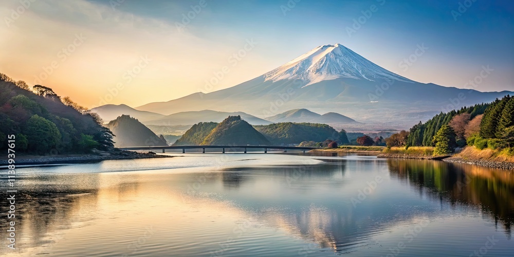 Minimalist Japanese landscape with mountain range and river