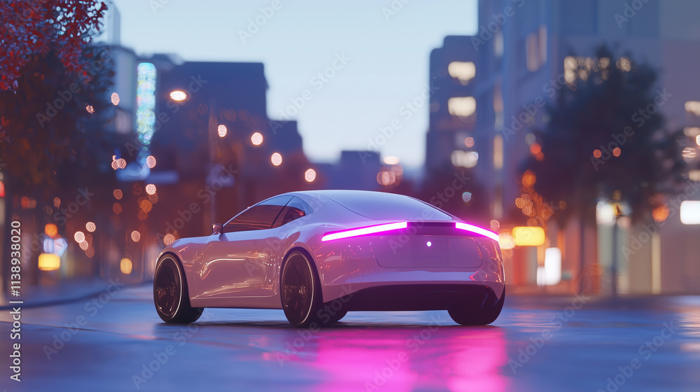 Fototapeta premium A sleek, white electric sports car drives on a city street at dusk. The cars taillights glow pink, reflecting on the wet road. City lights blur in the background.