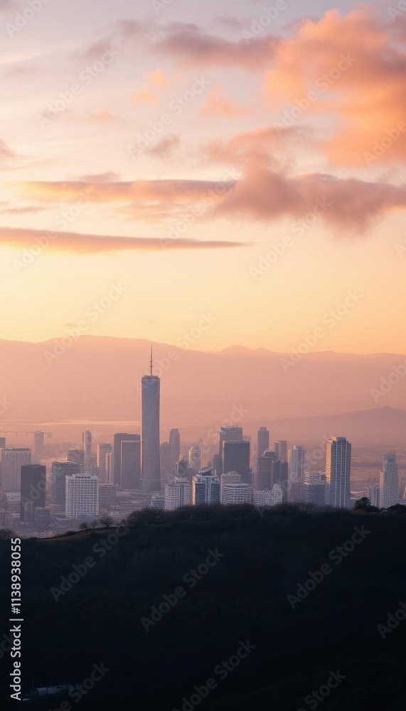 Fototapeta premium vista of a city at sunset