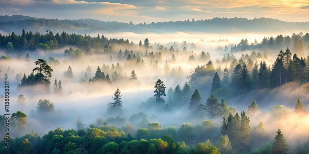 Gentle fog rolls over a mystical forest at dawn softening the trees and underbrush Gentle fog rolls over a mystical forest at dawn softening the trees and underbrush