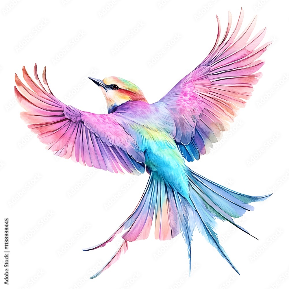 Fototapeta premium A vibrant watercolor painting of a bird in flight, showcasing iridescent pink, purple, and blue feathers against a white background.