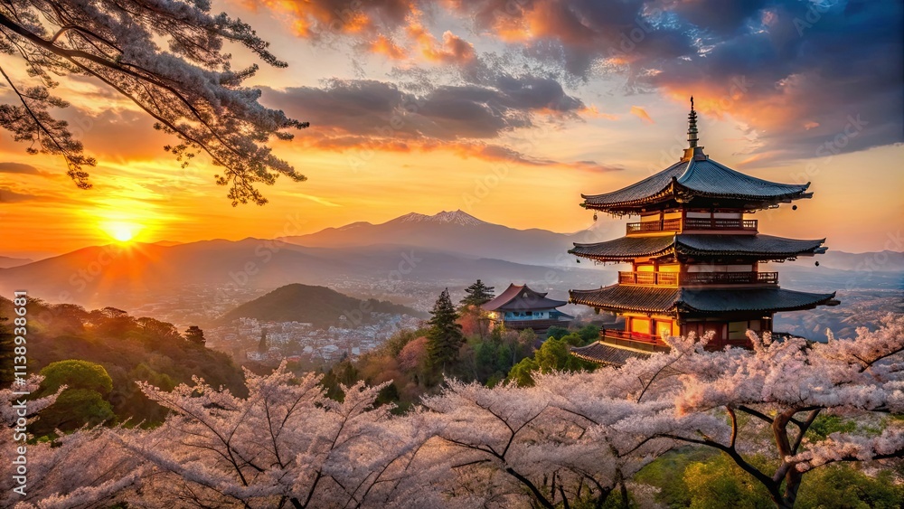 Obraz premium Sunset over Kiyomizu-dera Temple grounds with cherry blossoms and mountains in the background, beautiful scenery