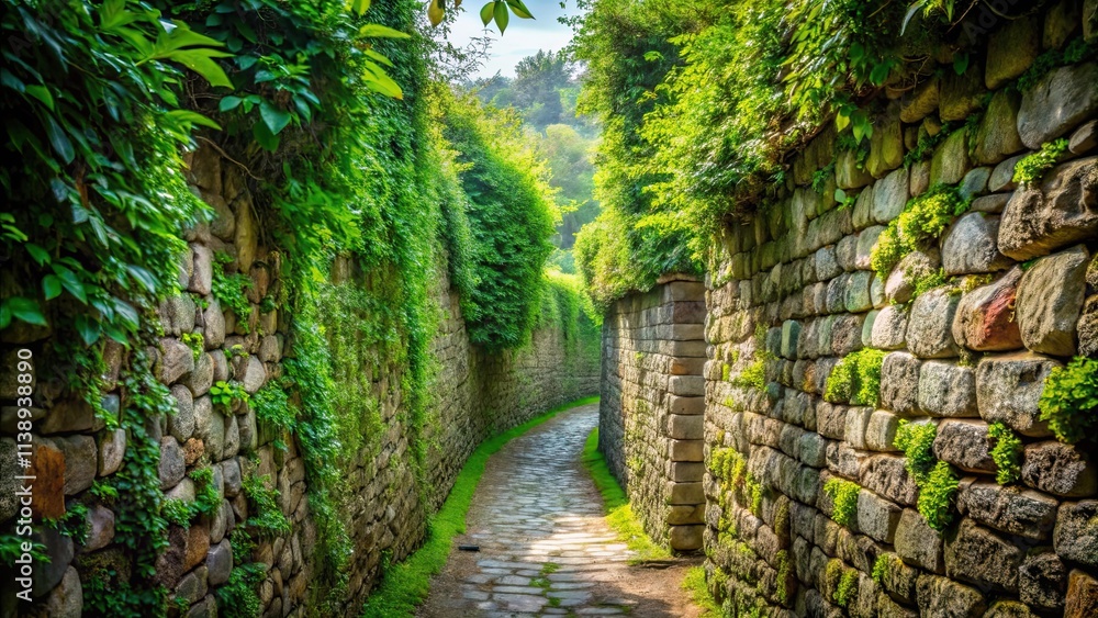 Pathway Through Stone Wall and Greenery, serene garden path, lush greenery, stone wall