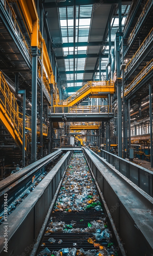 Waste sorting plant interior with conveyor belt and trash. Waste sorting plant interior with conveyor belt and trash.