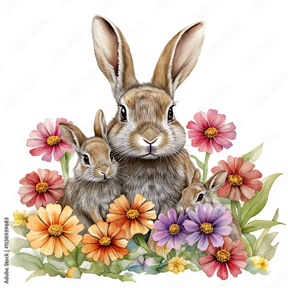Obraz premium Watercolor painting of a mother rabbit and her two kits nestled amongst vibrant zinnias.